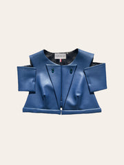 Veste courte en simili cuir bleue, look tendance et élégant Anaïs Ricard